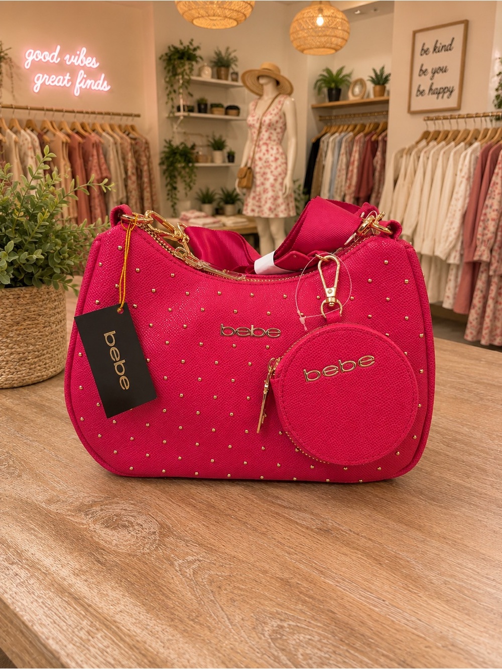 Bebe Sagan Studded Crossbody Bag Dark Pink w/ Coin Purse NWT
